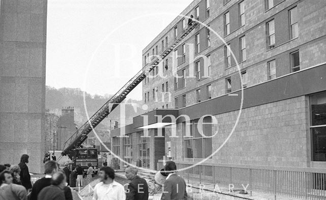 A mock fire rescue being carried out at the Beaufort Hotel, Walcot Street, Bath 1973