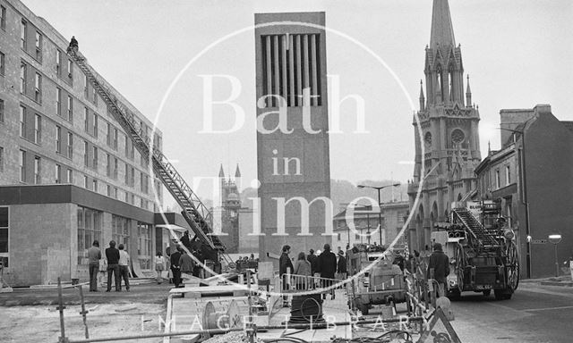 A mock fire rescue being carried out at the Beaufort Hotel, Walcot Street, Bath 1973