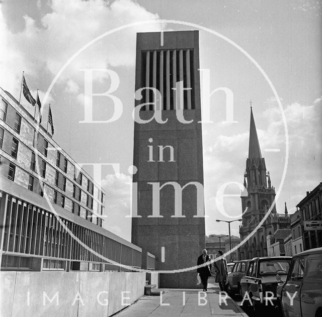 The Beaufort (Hilton) Hotel lift elevation and ventilation tower, Walcot Street, Bath 1973