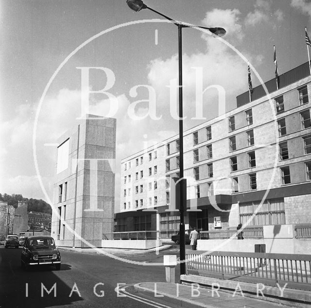 The Beaufort (Hilton) Hotel lift elevation and ventilation tower, Walcot Street, Bath 1973