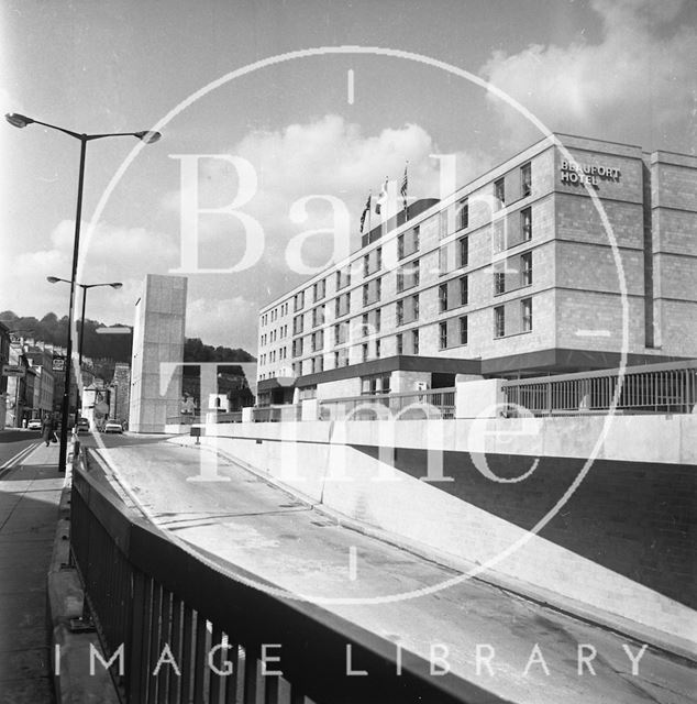 The Beaufort (Hilton) Hotel lift elevation and ventilation tower, Walcot Street, Bath 1973