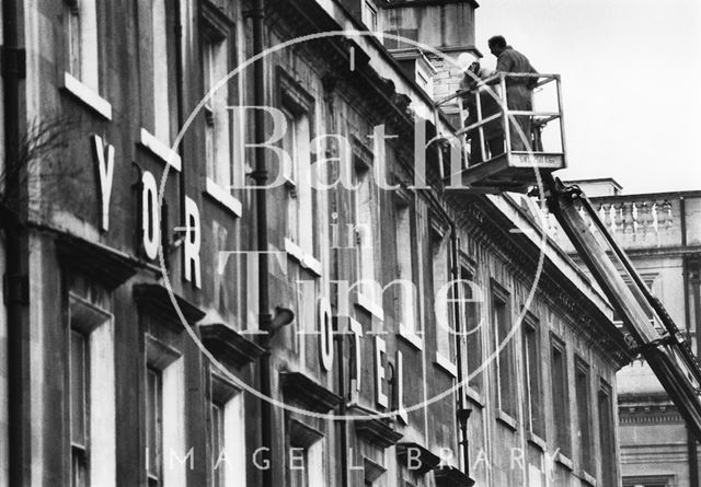 Inspecting the decay to the old Royal York Hotel, York Buildings, Bath 1992