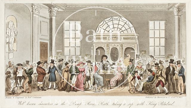 Well known Characters in the Pump Room, Bath taking a sip with King Bladud 1825