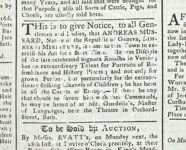 Notice of the arrival of limner and miniaturist Andreas Mussard to Bath 1765