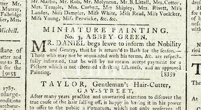 Miniature Painting, 3, Abbey Green, Bath 1787