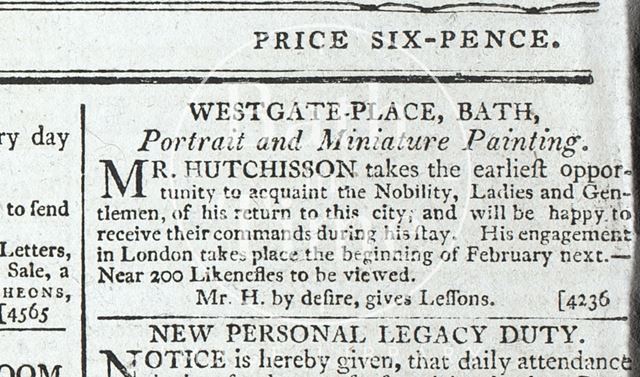 Mr. Hutchisson acquaints the Nobility of his return to the city, Westgate Place, Bath 1799