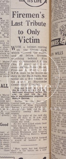 Funeral account for fireman L. Smith, killed during the Bath Blitz 1942