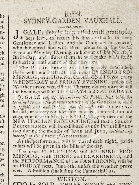 Sydney Gardens, Vauxhall, Public breakfasts and tea, Bath 1798