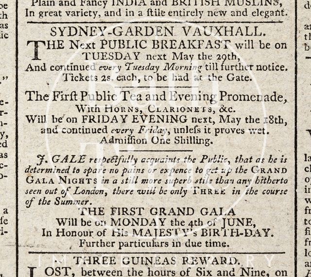 Sydney Gardens, Vauxhall public breakfast and evening promenade, Bath 1798