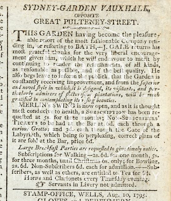 Mr. Merlin's swing at Sydney Gardens, Vauxhall opposite Great Pulteney Street, Bath 1795