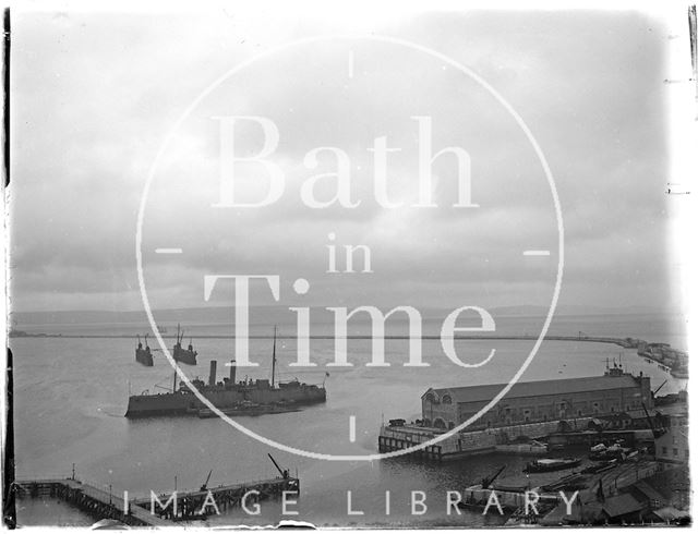 View of the harbour and warship at Weymouth, Dorset 1924