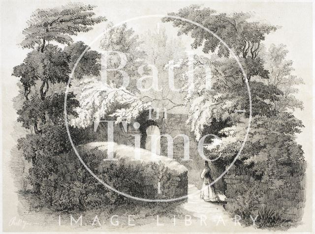 View in garden where the sarcophagus stood before removal, Lansdown Tower, Bath 1844