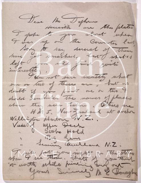 Letter re the images of H.M.S. New Zealand c.1920