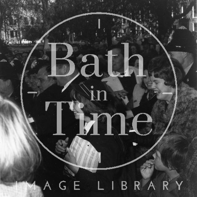 Excited fans waiting for the Beatles outside the Francis Hotel, Bath 1963