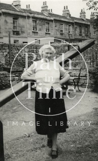 Ellen Harper, landlady of the Larkhall Inn in the pub garden, Bath c.1950