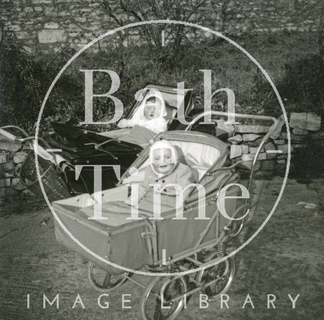 Two babies in prams in the garden of the Larkhall Inn, Bath 1952