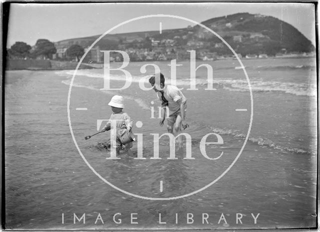 One of the photographer's twins and a friend on the beach at Minehead, Somerset 1920