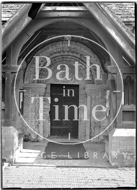 Norman doorway, St. Swithin's Church, Quenington near Cirencester, Gloucestershire c.1910