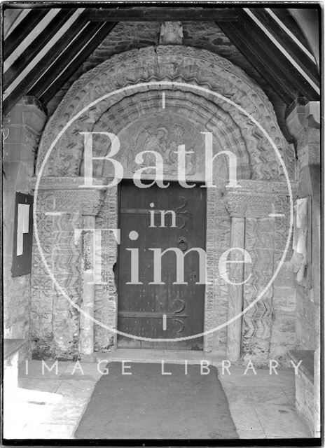 Norman doorway, St. Swithin's Church, Quenington near Cirencester, Gloucestershire c.1910