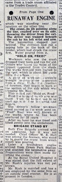 Chronicling the incident involving a runaway engine overturning a crane at Stothert and Pitt's, Bath 1951