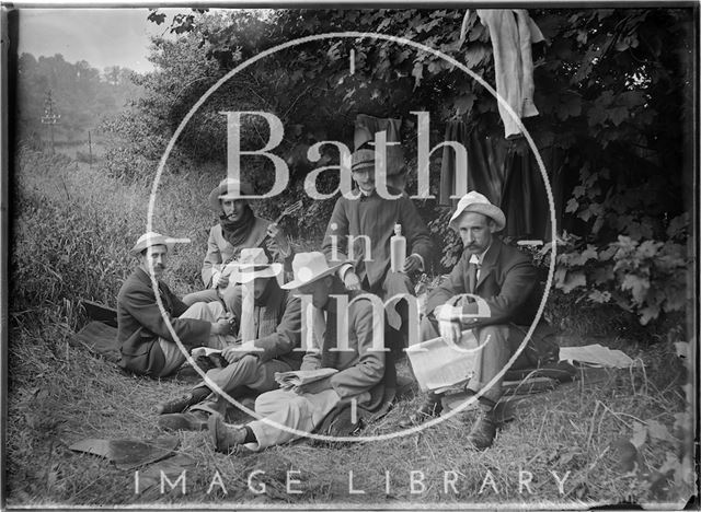 Friends of the photographer picnicking and boating on the river near Warleigh c.1910