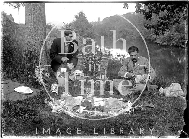 Friends of the photographer picnicking and boating on the river near Warleigh c.1910