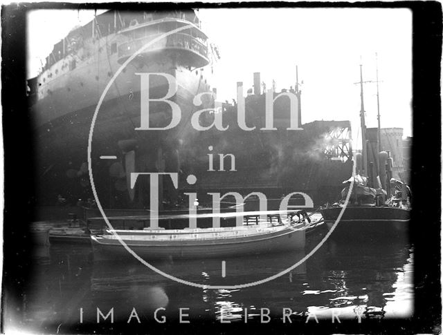 A massive ocean liner in dry dock near Southsea, Hampshire 1933