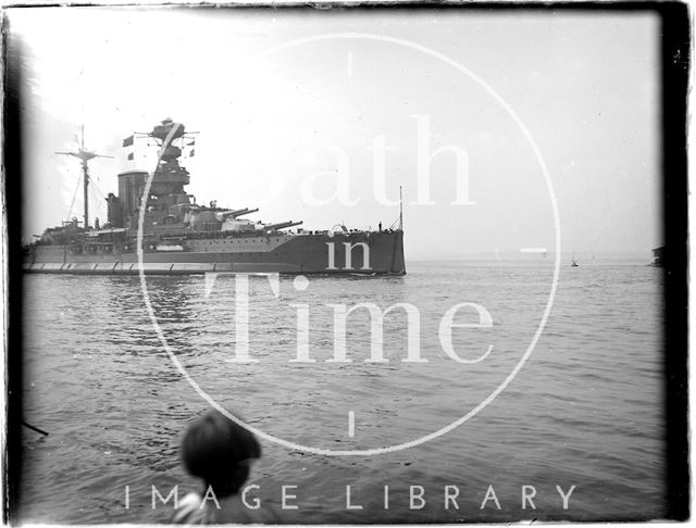 A large naval vessel at Portsmouth Harbour, Hampshire 1933