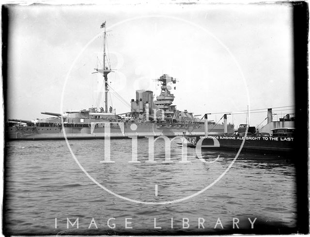 A large naval vessel at Portsmouth Harbour, Hampshire 1933