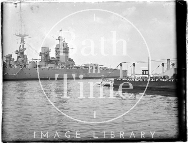 A large naval vessel at Portsmouth Harbour, Hampshire 1933