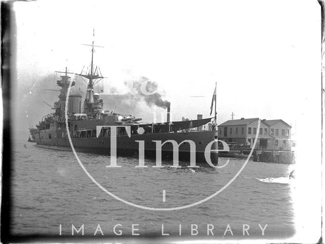 A large naval vessel at Portsmouth Harbour, Hampshire 1933