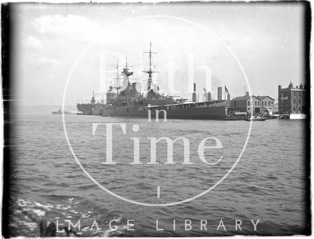 A large naval vessel at Portsmouth Harbour, Hampshire 1933