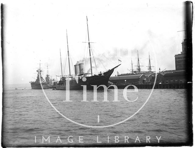 A large naval vessel at Portsmouth Harbour, Hampshire 1933