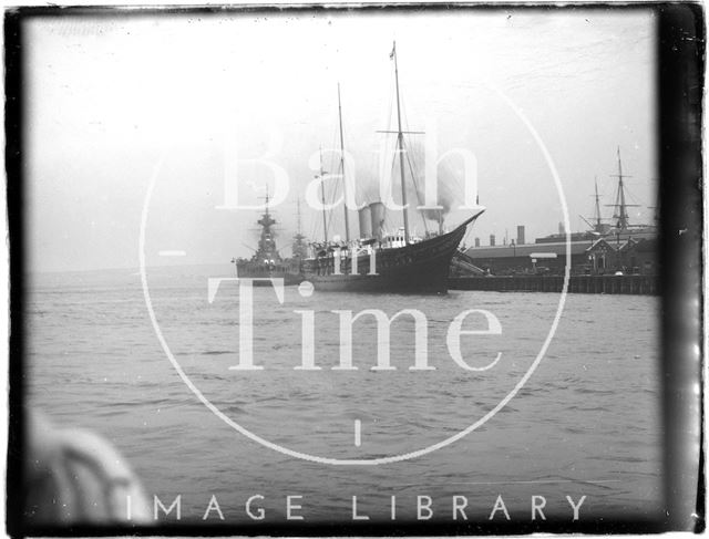 A large naval vessel at Portsmouth Harbour, Hampshire 1933