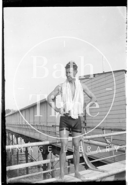 A young man in swimming trunks at Southsea, Hampshire 1933