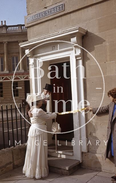 In period costume in Charles Street, by Green Park Station, Bath 1984