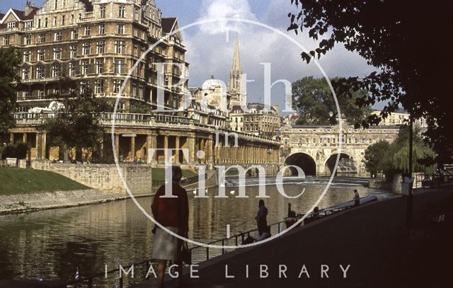 Empire Hotel, viewed across the River Avon, above Parade Gardens, Bath 1979