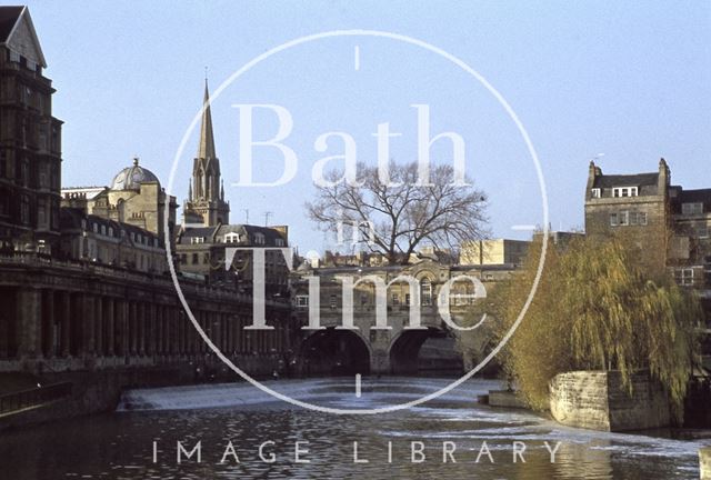 Pulteney Bridge and weir with Grand Parade to the left, Bath 1979