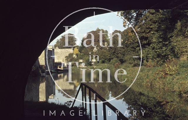 Looking along the Kennet and Avon Canal from under the bridge at Bathwick Hill, Bath 1979