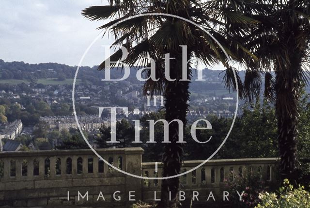 View through the palm trees from Camden Crescent, Bath 1979