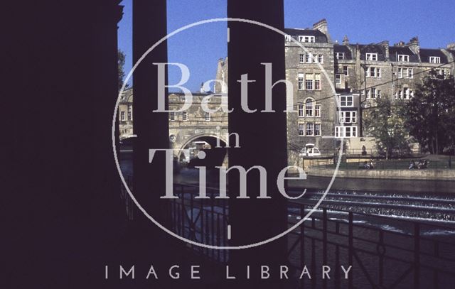 Pulteney Bridge and Weir from the arches on Grand Parade, Bath 1979