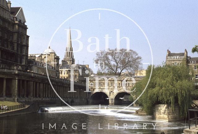 Pulteney Bridge, weir and Grand Parade, Bath 1979