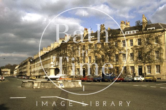 Great Pulteney Street and fountain at Laura Place, Bath 1979