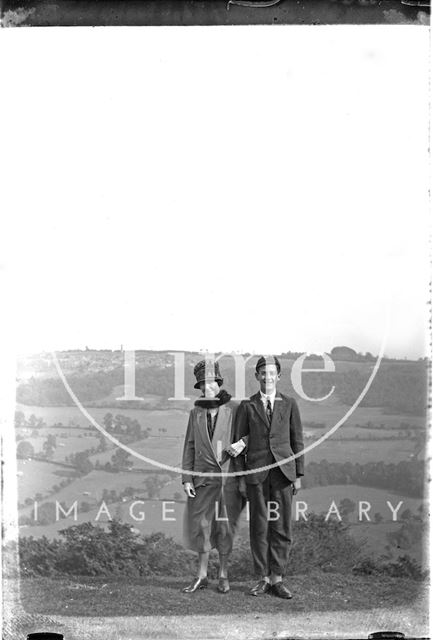 The photographer's wife Violet and son on top of Little Solsbury near Bath c.1920