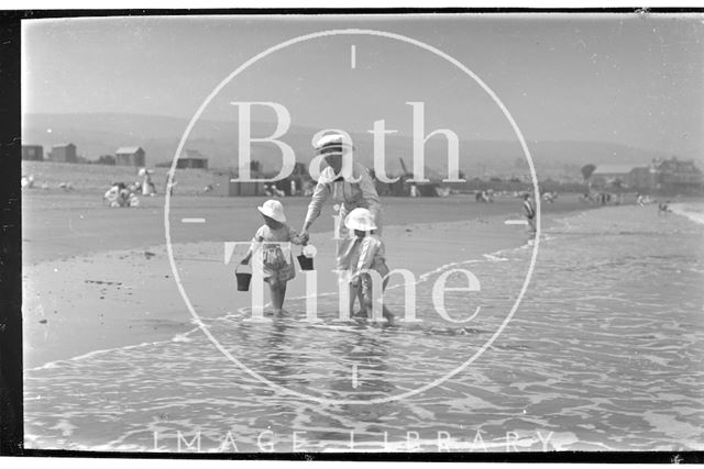 The photographer's wife Violet and twins on the beach at Minehead, Somerset 1914