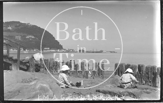 The photographer's twins on the beach at Minehead, Somerset 1914