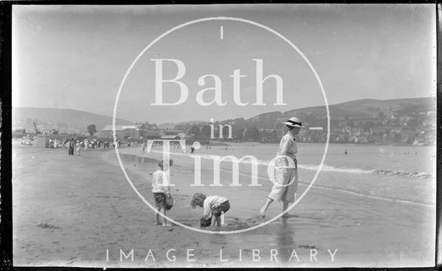 The photographer's wife Violet and twins on the beach at Minehead, Somerset 1914