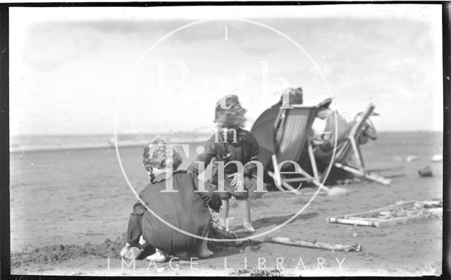 The photographer's twins on the beach at Minehead, Somerset 1914