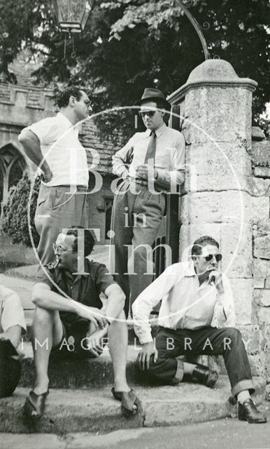 Actors and crew taking a break outside Freshford Church 1952