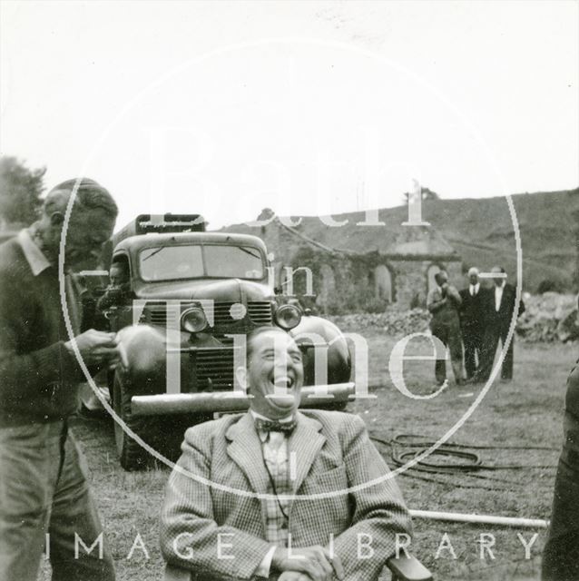 The actor Stanley Holloway on set filming the Titfield Thunderbolt 1952